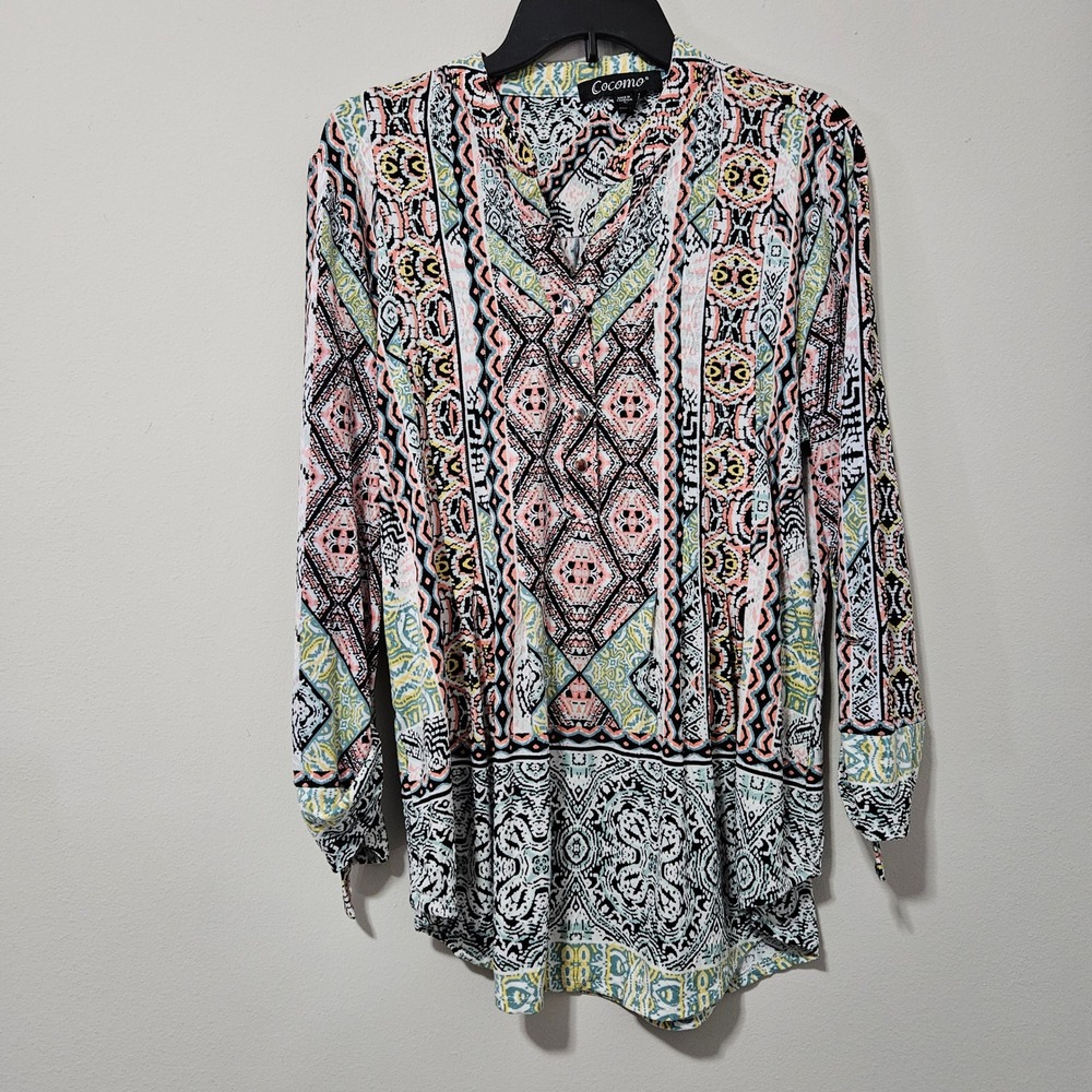 Cocomo Womens Large Geometric Tribal‎ Print Long Sleeve Tunic Blouse Multicolor